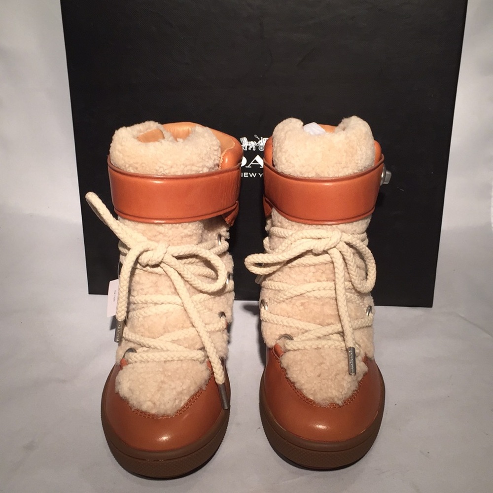 Coach Monroe Shearling Lace Up Wedge Booties